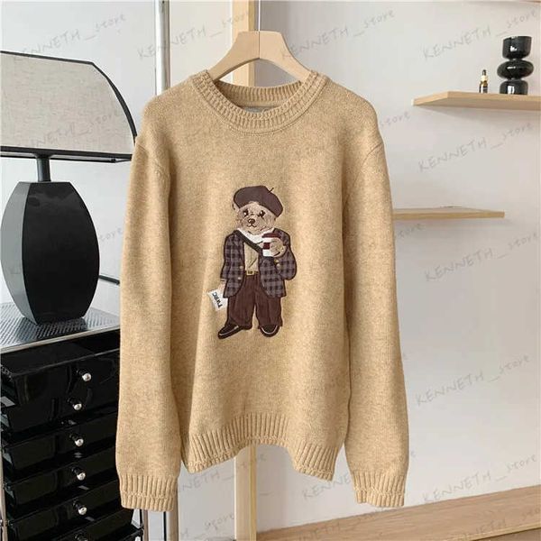 Suéter feminino bordado urso café suéter feminino pulôver cor marrom roupas de inverno y2k top feminino jumper t240129