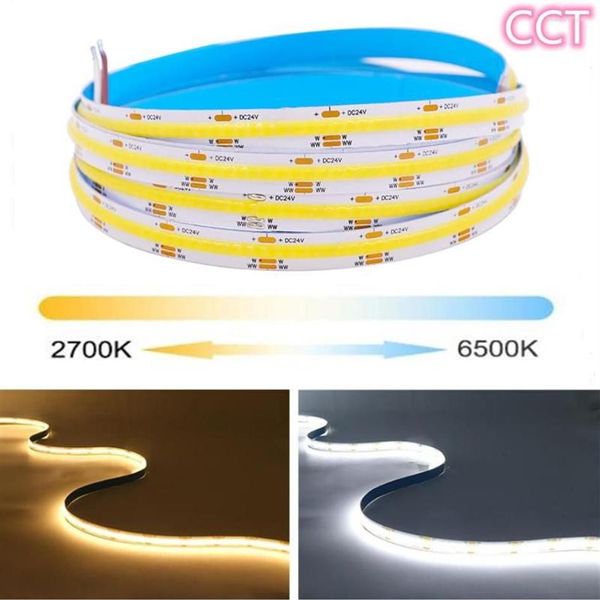 Tiras CCT COB LED Strip Light 5M Alta Densidade Dupla Cor Quente Cool Branco Regulável Luzes Lineares 12V 24V 512LEDS M Fita Flexível 218D