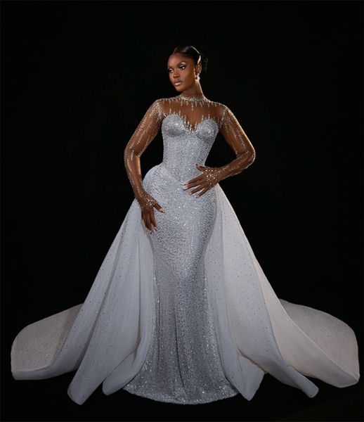 Arabo Aso Ebi Vintage Abito da sposa a sirena 2024 Senza spalline Manica lunga Illusion Corpetto Perline Abito da sposa di lusso con strascico staccabile Vestido de novia Robe De Mariee