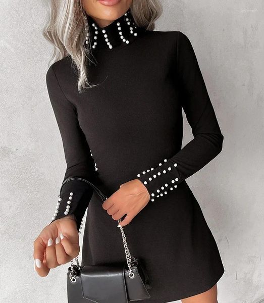 Casual Kleider Langarm Frau 2024 Frühling Mode Vielseitige Blase Perle Verziert Schwarz Dot High Neck Taille Y2k Kleid für Streetwear