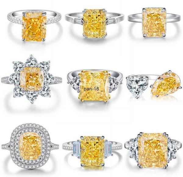 Designer de moda europeu e americano S925 anel de diamante amarelo em prata esterlina, corte de flor de gelo feminino corte Radian 8A anel de zircão anel de casamento 002