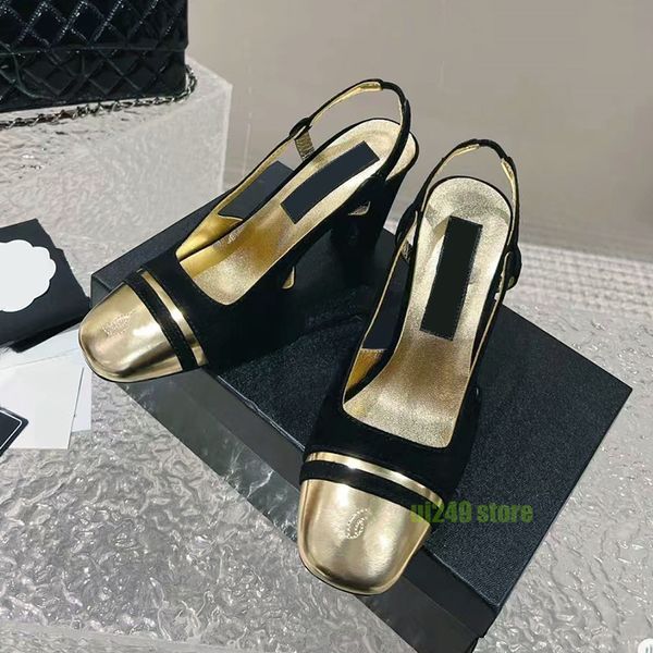 Sapatos de vestido Slingback Sandálias Bombas Mulheres Dedo Quadrado Vintage Bloco De Salto Designer Luxo Mary Jane Camurça Dourada Salto de Sapato de Noite