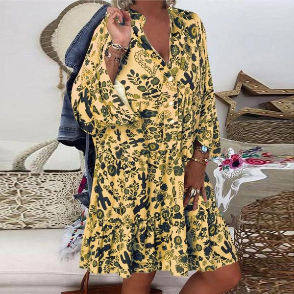 Freizeitkleider Damen Plus Size Loose Print Langarm V-Kragen Rüschen Mini-Shirt-Kleid Frühling Elegant Vintage Bohemian Floral