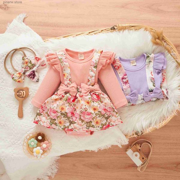 Set di abbigliamento 0-18 mesi Neonate Pagliaccetto Fascia per capelli 2 pezzi Fiori stampati a maniche lunghe con volant Bowknot Tute Abito