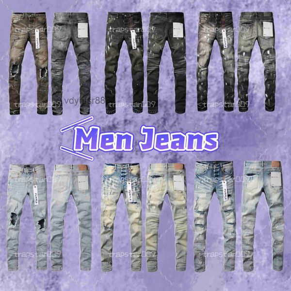 Jeans viola firmati da uomo al ginocchio skinny dritti alla moda lunghi strappati High Street taglia 29-40 LQYZ