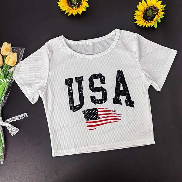 Damen T-Shirt USA Amerikanische Flagge Muster Druck T-Shirt Vintage Harajuku Slim Kurzarm Crop Top Streetwear Damen Kleidung Y2k Sexy Baby Tee T240129
