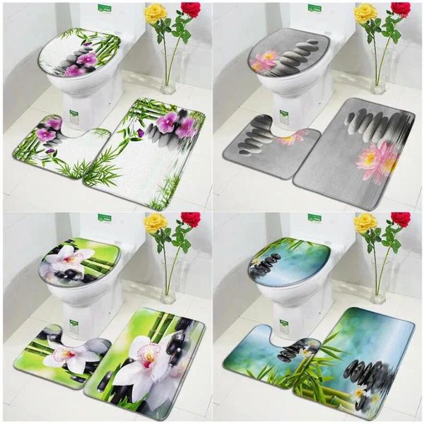 Tappetini da bagno Set tappetino Zen Bambù verde Orchidea Fiori di loto Pianta Pietra nera Scenario spa Arredamento bagno Tappeti antiscivolo Copri coperchio WC