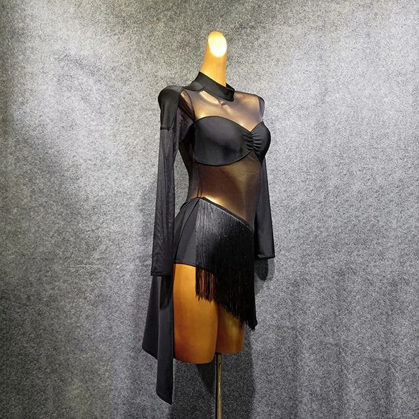 Прозрачное лоскутное женское платье с длинным рукавом для латинских танцев, женское платье для танцев, самбы, танго, LW4 240126