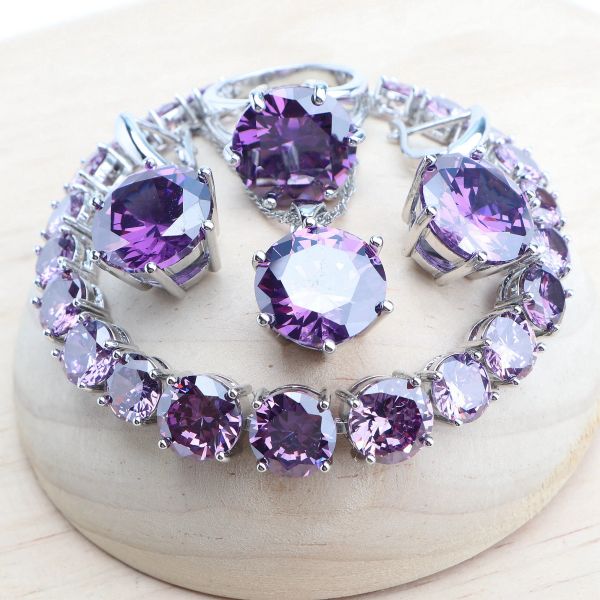 Set 925 Gioielli in argento sterling Set Orecchini da sposa Anelli a ciondolo Collana a ciondolo Braccialetti zirconi viola set per i gioielli da donna di nozze