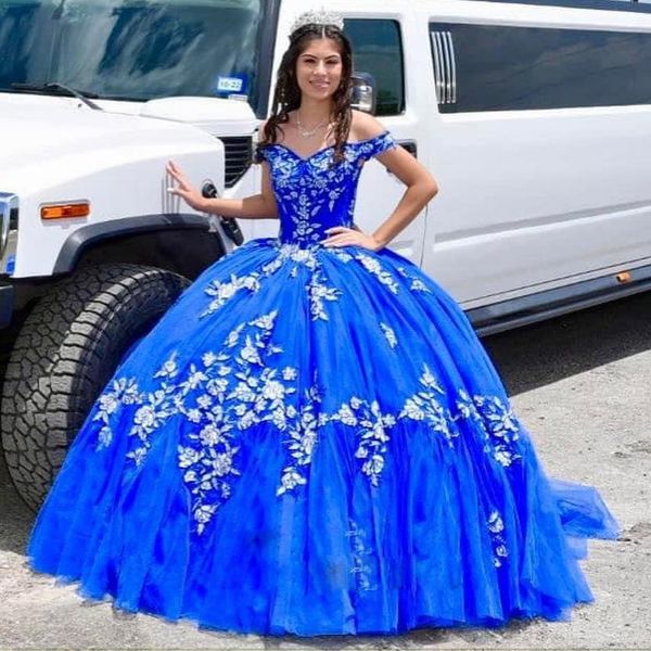 Azul floral apliques quinceanera vestidos de baile fora do ombro vestidos de 15 anos layere tule princesa júnior meninas vestidos de festa de aniversário