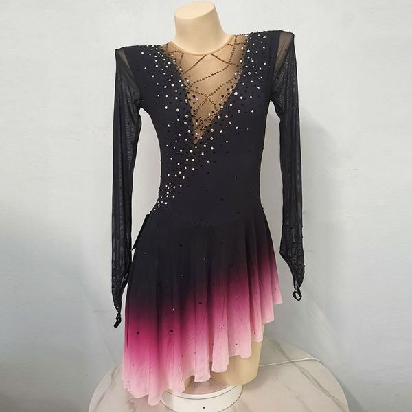 LIUHUO Платье для фигурного катания для девочек-подростков, черная юбка для танцев на коньках, качественная эластичная танцевальная одежда с кристаллами для балета