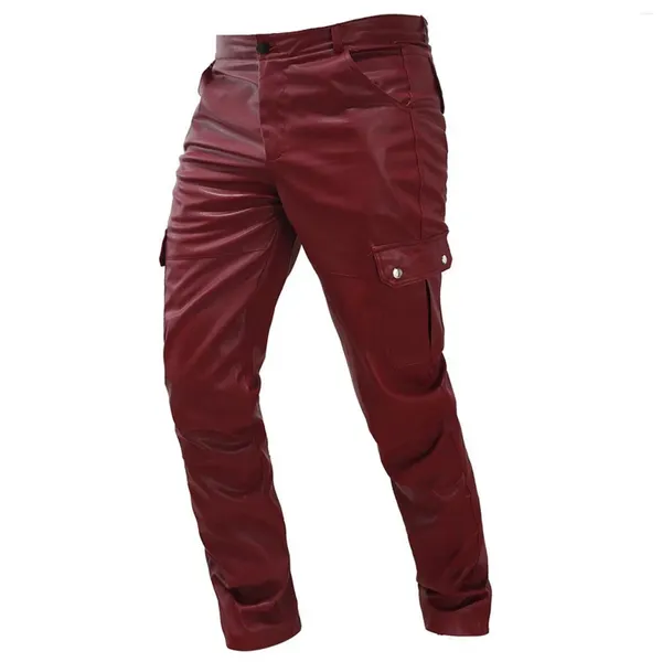 Pantaloni da uomo in pelle cargo eleganti tinta unita multitasche pantaloni in PU skinny dritti sexy club party