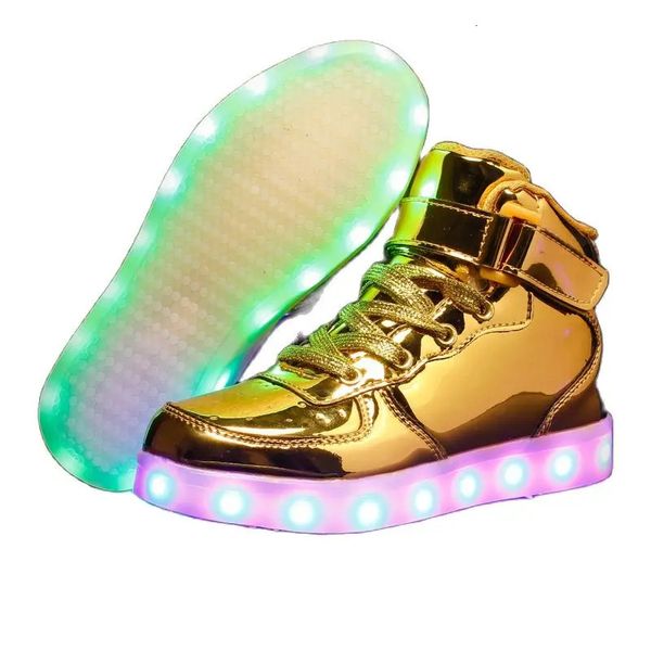 Çocuklar LED USB Şarj Ayakkabıları Parlayan Spor Ayakkabıları Çocuk Hook Döngü Aydınlık Ayakkabı Kızlar İçin Erkek Kaykay Yüksek Top Koşu Sporları 240119