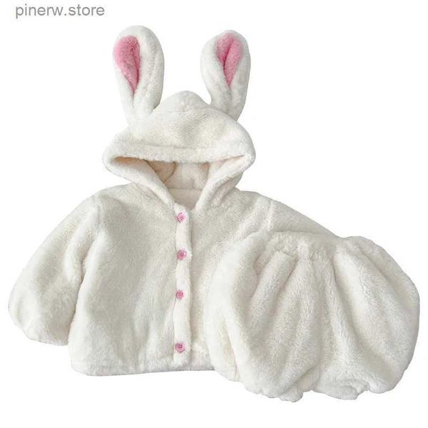 Conjuntos de roupas de coelho de pelúcia inverno roupas de bebê conjunto branco bonito casaco quente shorts terno meninas traje moda casacos com capuz criança infantil outfit