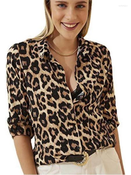 Blusas femininas 2024 primavera outono moda leopardo impressão mulher blusa casual de manga comprida botão topos senhora do escritório elegante lapela camisa solta