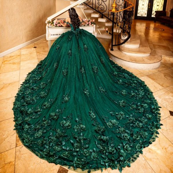 Изумрудно-зеленые 3D цветы и бусы Тюль Quinceanera Платья Бальное платье с открытыми плечами Платья на день рождения на шнуровке Сладкие платья 15 16