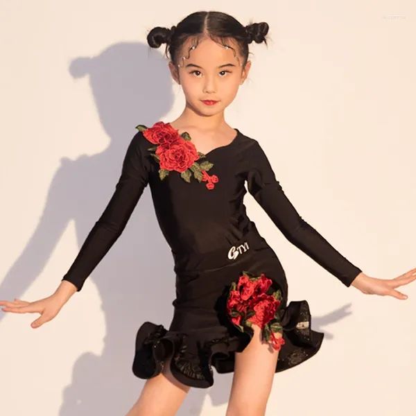 Сценическая одежда для девочек, платье для латинских танцев, костюм с вышитыми цветами, черные топы с длинными рукавами, юбка, детский конкурс Cha Rumba DNV19360