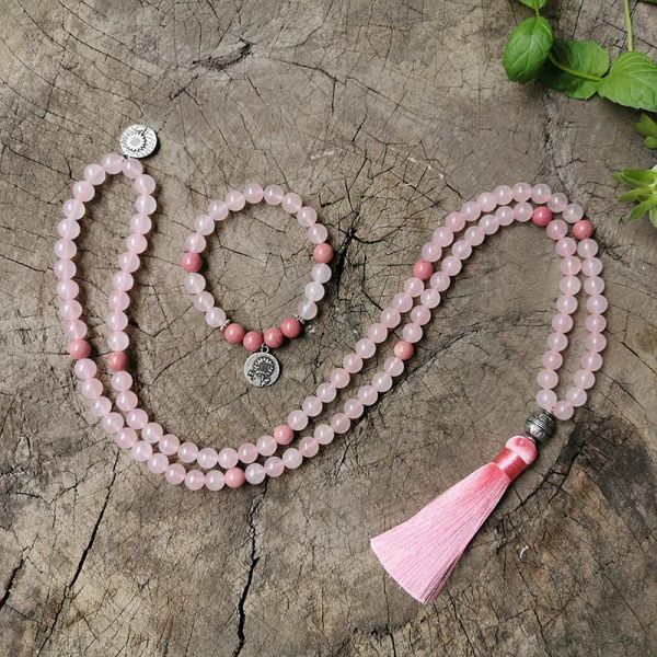 Cloisonne 8mm rodonite, quarzo rosa, rosa, girasole, collana Japa Mala per meditazione yoga, set di gioielli, 108 perline di preghiera, collana con ciondoli da donna