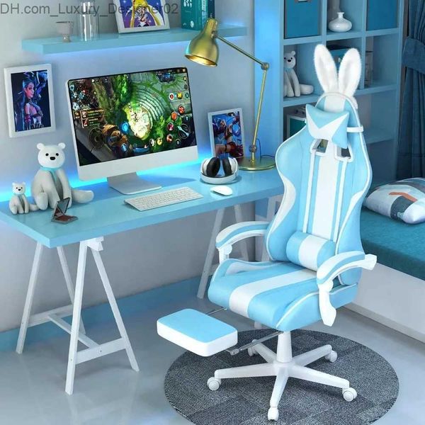 Outros móveis Cadeira de jogos Kawaii Light Blue com orelhas de coelho Cadeira ergonômica fofa para jogadores com apoio para os pés e massagem de corrida reclinável Q240129