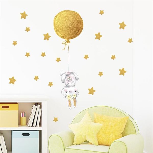Adesivi murali Fiore mongolfiera dorato per la camera dei bambini Decalcomanie decorative della scuola materna del bambino Soggiorno camera da letto228R