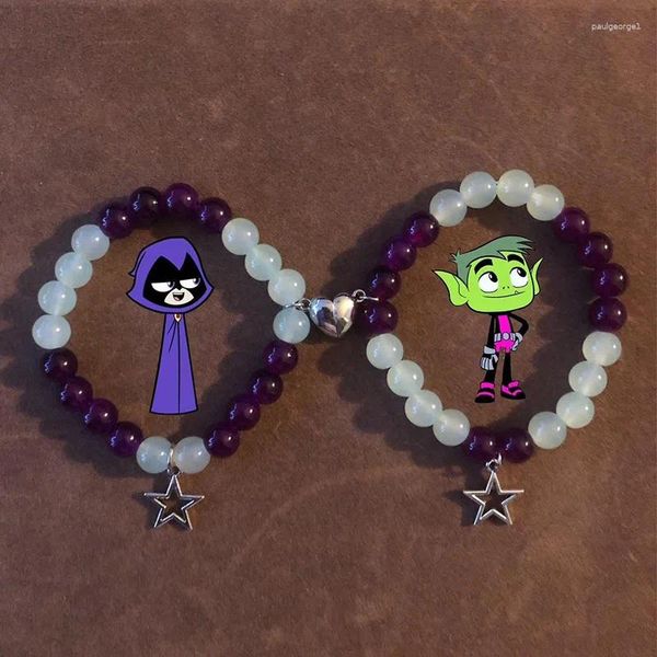 Strand Raven X Beast Boy passende Armbänder lila grün magnetisches Herz Geschenk Freundschaftsarmband Y2k
