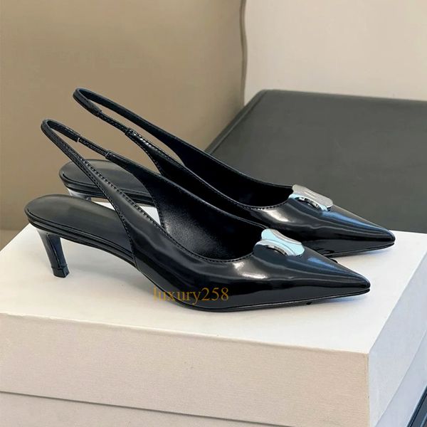 slingback scarpe eleganti con tacco da donna sandali con tacco a punta sandali firmati di lusso in vera pelle sandali con tacco medio nero argento scarpe da sposa per feste di moda