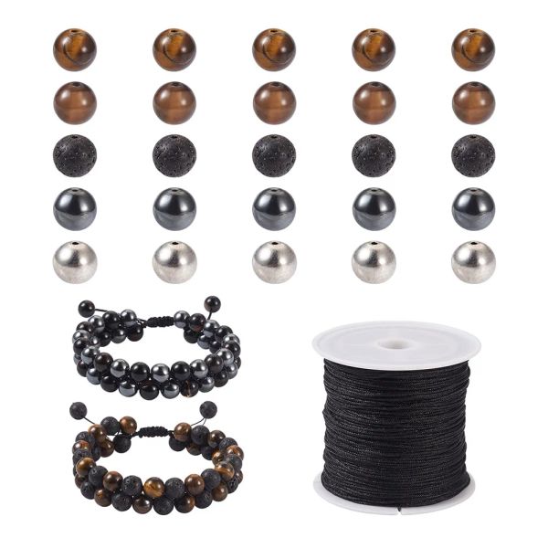 Perline 1 Set Nero Naturale Lava Rock Occhio di tigre Perline di onice Perline di ematite Cavo di filo di nylon per gli uomini Bracciale in pietra Creazione di gioielli fai da te