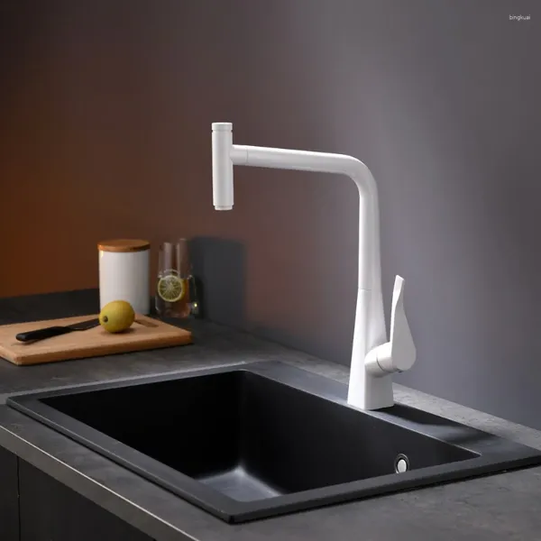 Torneiras de cozinha Luxo Latão Pull Out Sink Torneira Design Moderno Um Buraco Handle Tap Água Fria Top Quality Branco Preto