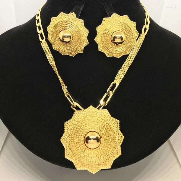 Collana e orecchini con ciondolo a forma di fiore geometrico di Dubai placcato oro 24k italiano, gioielli di fidanzamento per feste nuziali nigeriane