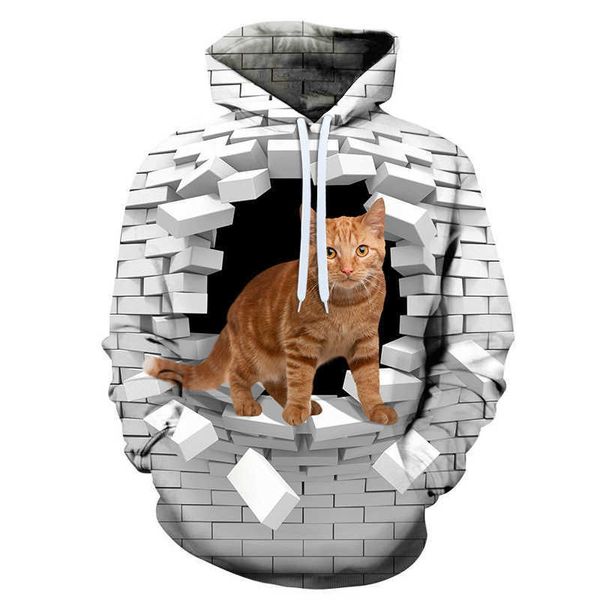 Andere Bekleidung Herren- und Damen-Kapuzenpullover, Herbst-/Winterversion mit Löchern, personalisierter Katzen-Pullover mit 3D-Digitaldruck, Hemd mit lockerem Boden