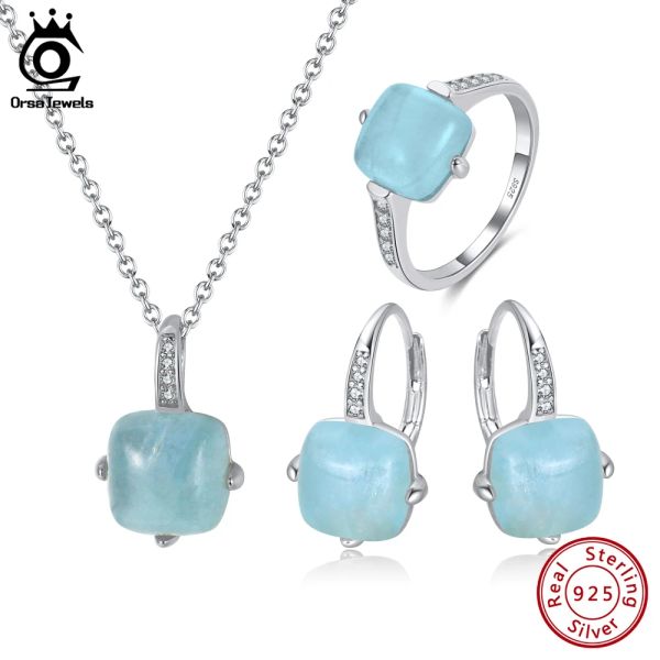 Conjuntos Orsa Jewels 925 Sterling Silver Natural Aquamarine Brincos Colar Anel Conjunto 14K Banhado A Ouro Conjunto de Jóias para Mulheres Presente SSGM08