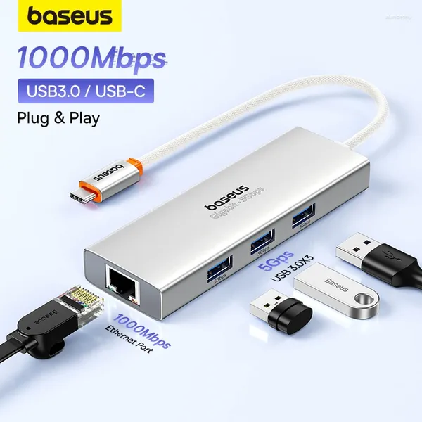 Baseus Hub USB con porta Ethernet 1000Mbps 3 3.0 Adattatore RJ45 Lan C per PC Mi Box Accessori per laptop Macbook