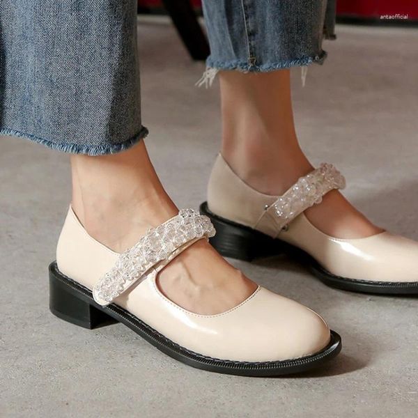 Sapatos de vestido QPLYXCO Zapatos de Mujer 2024 Marry Janes Couro Genuíno Med Heel Round Toe Cor Sólida Doce para Mulheres K18