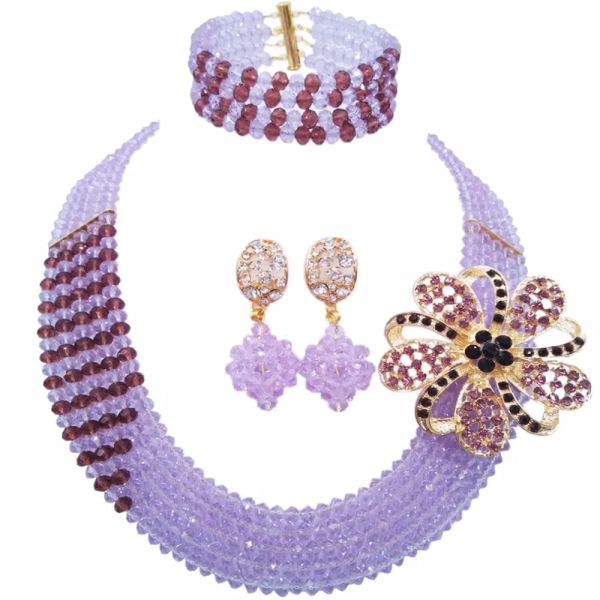 Cloisonné Mode Lila Dunkelviolett Multi Stränge Aussage Halskette Nigerianischen Perlen Afrikanischen Schmuck-Set Kristall Hochzeit Sets 5jz20