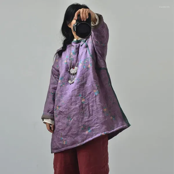 Женские плащи, осенне-зимняя куртка, китайская национальная одежда на хлопковой подкладке, женские парки с толстым принтом, винтажное фиолетовое хлопковое льняное пальто