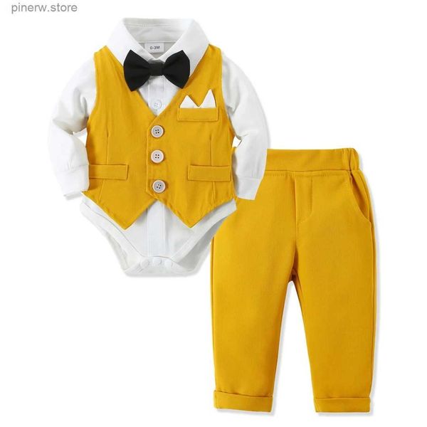 Set di abbigliamento 2024 Primavera Gilet Completo da neonato Ragazzo Gentleman Pagliaccetto a maniche lunghe Set Bambino 3 6 9 12 18 24M Festa di compleanno Costume Abiti autunnali