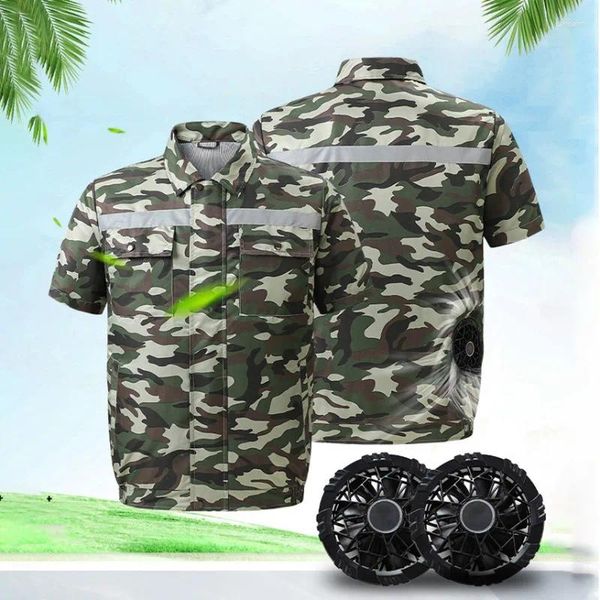 Giubbotti da caccia Uomo Estate Aria condizionata Abbigliamento 2 Ventola di raffreddamento Striscia riflettente Camouflage Manica corta Camicetta USB Ricarica esterna