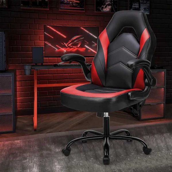 Andere Möbel Ergonomischer Büro-Computer-Gaming-Stuhl mit Lordosenstütze, hochklappbaren Armen, höhenverstellbar, PU-Leder, Drehgelenk mit Rollen, Q240129