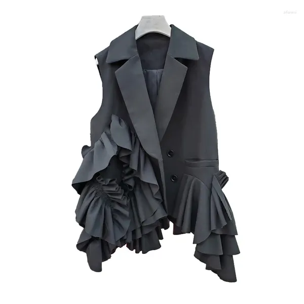 Gilet da donna Colletto nero Colletto irregolare con volant a strati Design Blazer corto Gilet Donna Giacca senza maniche Cappotto Gilet increspato Donna