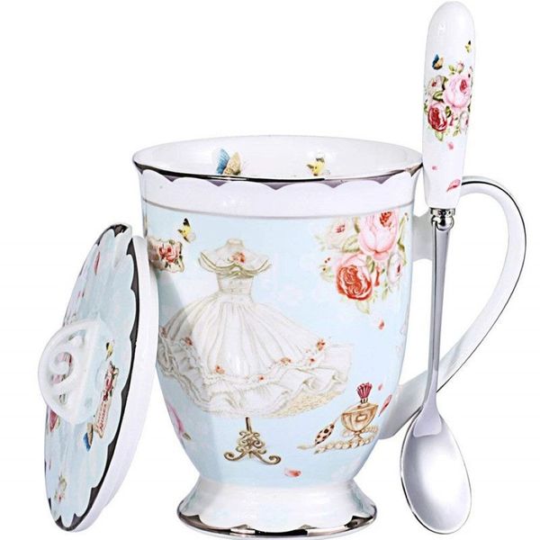 Set tazza da tè con coperchio e cucchiaio Tazza da caffè Royal Fine Bone China da 11 once Tazze da tè azzurre Regalo per donna Confezione regalo mamma 275O