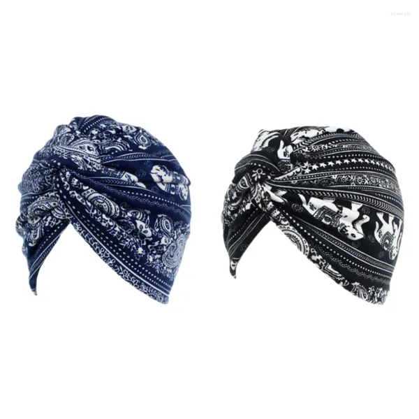 Beralar 2pcs Etnik Tarz Türban Kadın Başörtüsü Çift Katmanlı Şapka Twisted Elastik Headgear Donanma ve Siyah Fil Deseni