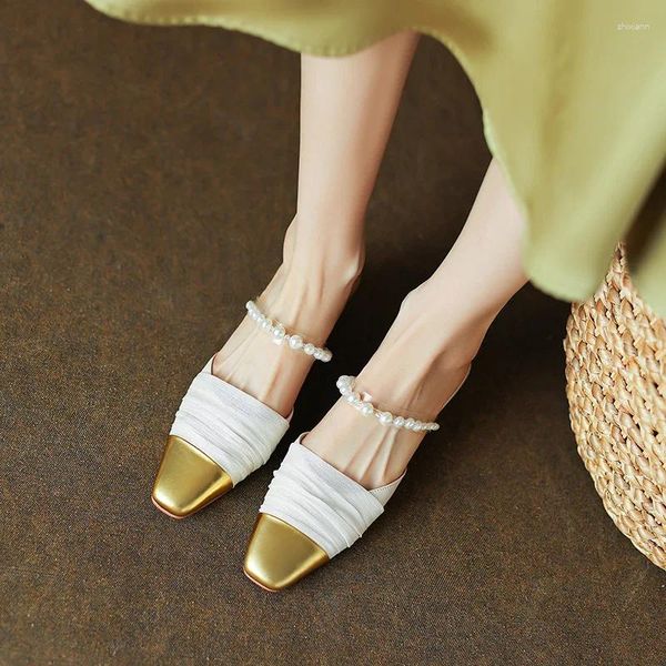 Sandálias String Bead Chaussures Femme Slip On Sandalias Verão Mulheres Sapatos Plissados Cores Misturadas Bombas Escritório Chunky Heels 2024