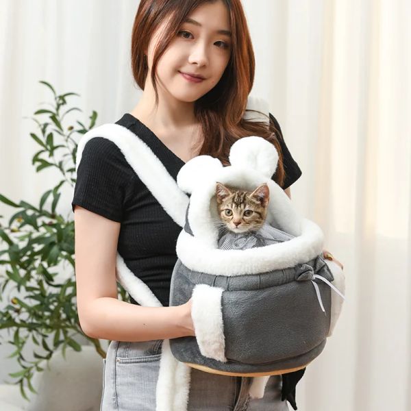 Kinderwagen Haustier Tragetasche Kleine Katze Hund Rucksack Winter Warm Weich Plüsch Tragen Haustiere Käfig Wandern Outdoor Reise Kätzchen Hängende Brusttasche