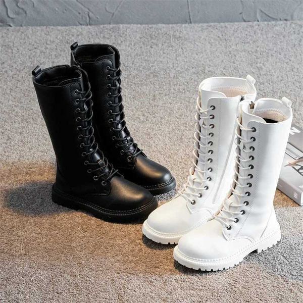 Stiefel Mädchen Winterstiefel Kniehohe Schnürung Punk-Stil Kinderstiefel Reißverschluss Schwarz Weiß 27-37 Pu-Leder Stilvolle All-Match-KinderschuheL2401