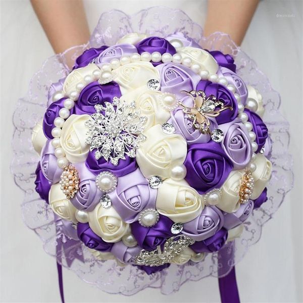 Buquê de casamento de noiva roxo Grande Pérola Pérola Flores Artificiais Buque de Noiva Diamond Bouquets Presente de casamento W2801278L