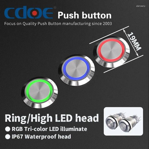 Smart Home Control Ein-Aus-Tastenschalter IP67 19 mm RGB-Lichtring-LED mit Momentanverriegelung, SS-Metalldruck, beleuchtet, mit Stecker