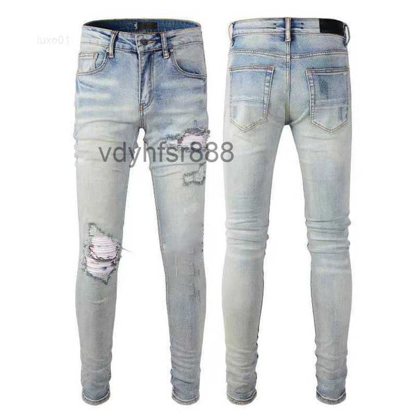 Designer Stack Jeans Europäische Lila Jean Männer Stickerei Quilten Zerrissene für Trend Marke Vintage Hose Herren Falten Slim Skinny Mode Jeansamk8 KU6I