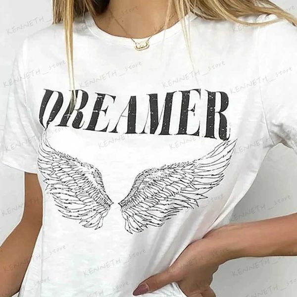 Kadın T-Shirt Dreamer Grafik Tees Angel Wings Baskı Tişörtü Kadın Boho Stil Pamuk Vintage Estetik Retro T-Shirts Moda Giyim Grunge T240129