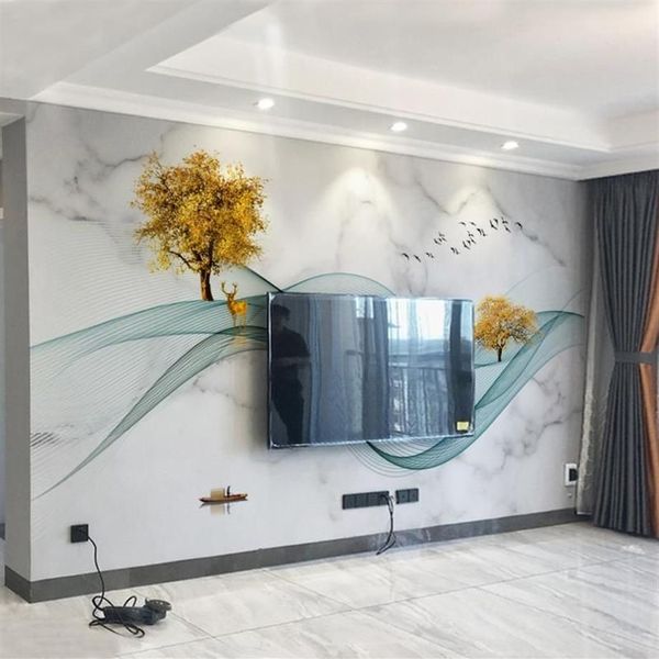 Papel de parede personalizado 3d po, estilo europeu, árvore, cervo, textura de mármore, sala de estar, fundo de tv, decoração, pintura de parede, papéis de parede 2820