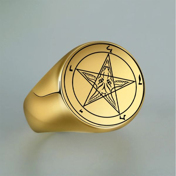 Mann Ring Pentagramm Baphomet Ziege Schwefel Leviathan Kreuz Satan Teufel Symbol 14 Karat Gelbgold Ringe für Männer Schmuck Geschenk